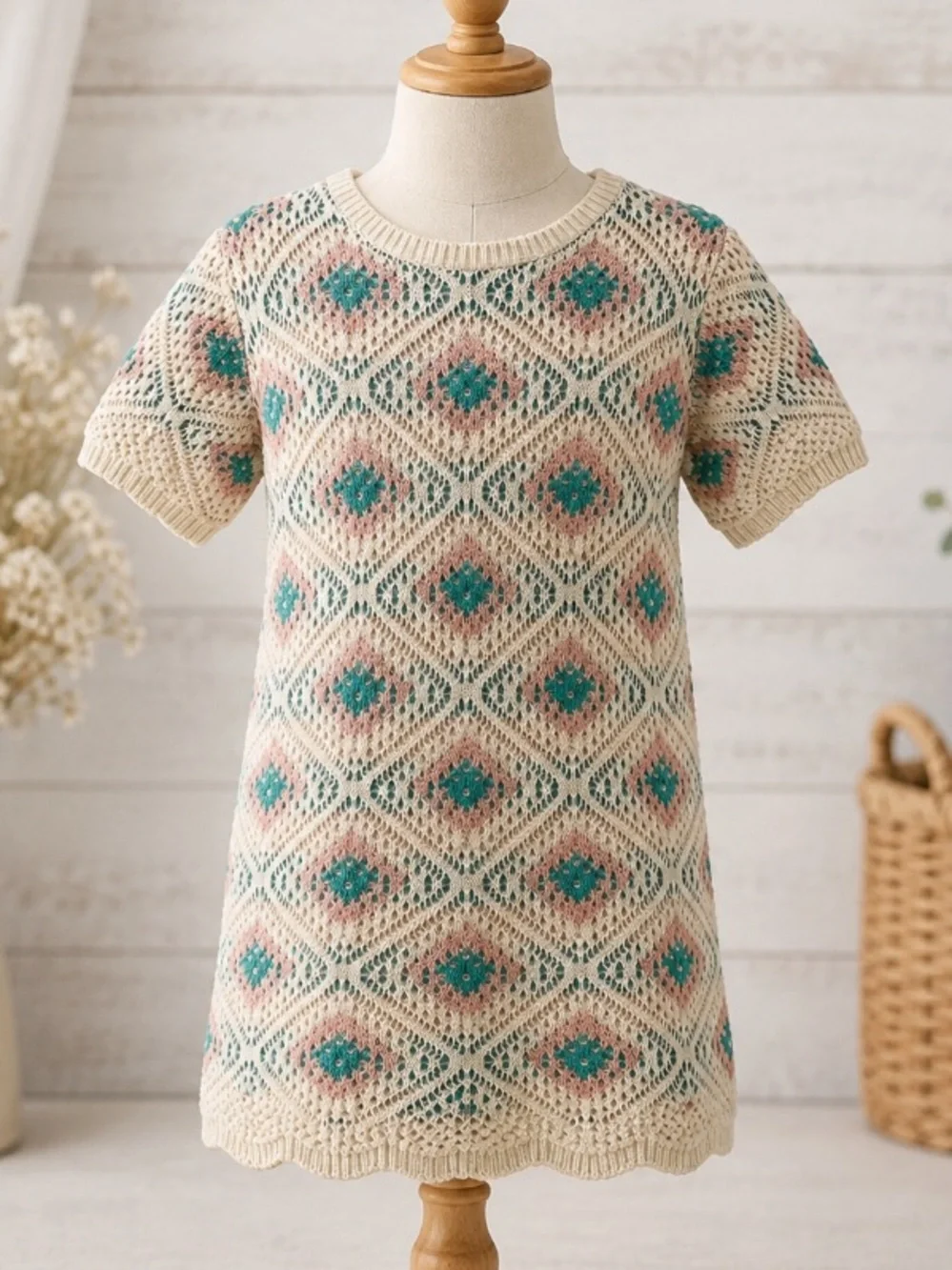 Adorable Girls Crochet Knit Dress with Teal and Pink Diamond Pattern 4T